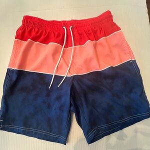 OLD NAVY MEN’S SWIM TRUNKS SIZE MEDIUM 
NAVY/SALMON COLORED/ORANGE WIDE STRIPES.